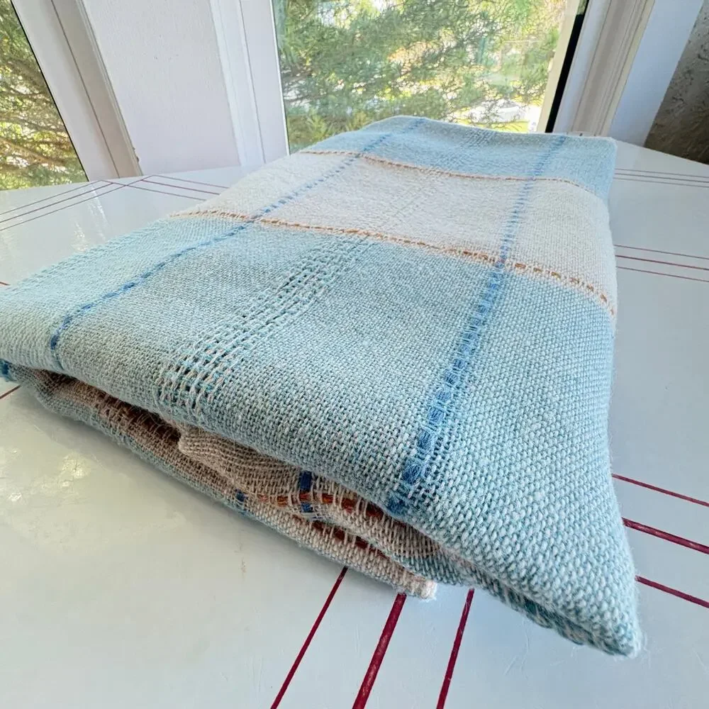 Vintage Blue Cream Plaid Round Tablecloth 64 Inch